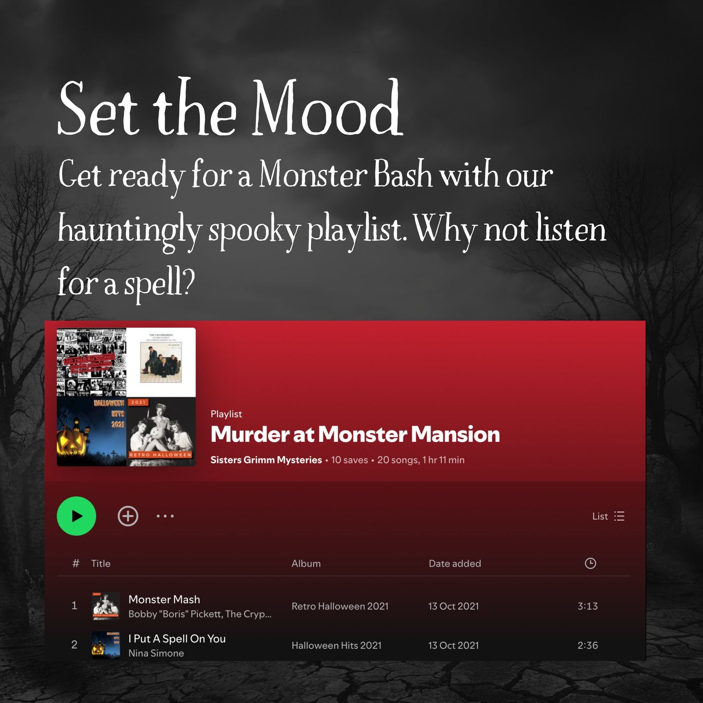 Curated Spotify playlist to set the mood for your Halloween themed murder mystery dinner party. Background music to enhance immersive gameplay.