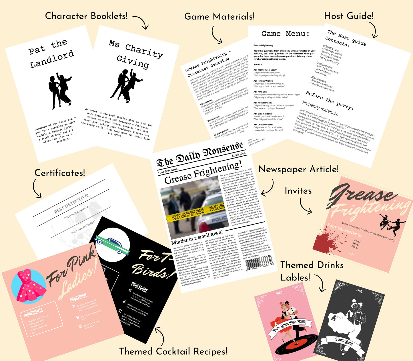 Murder mystery party game download includes full host guide, character scripts, and party setup help, fun extras including murder mystery game invitation.