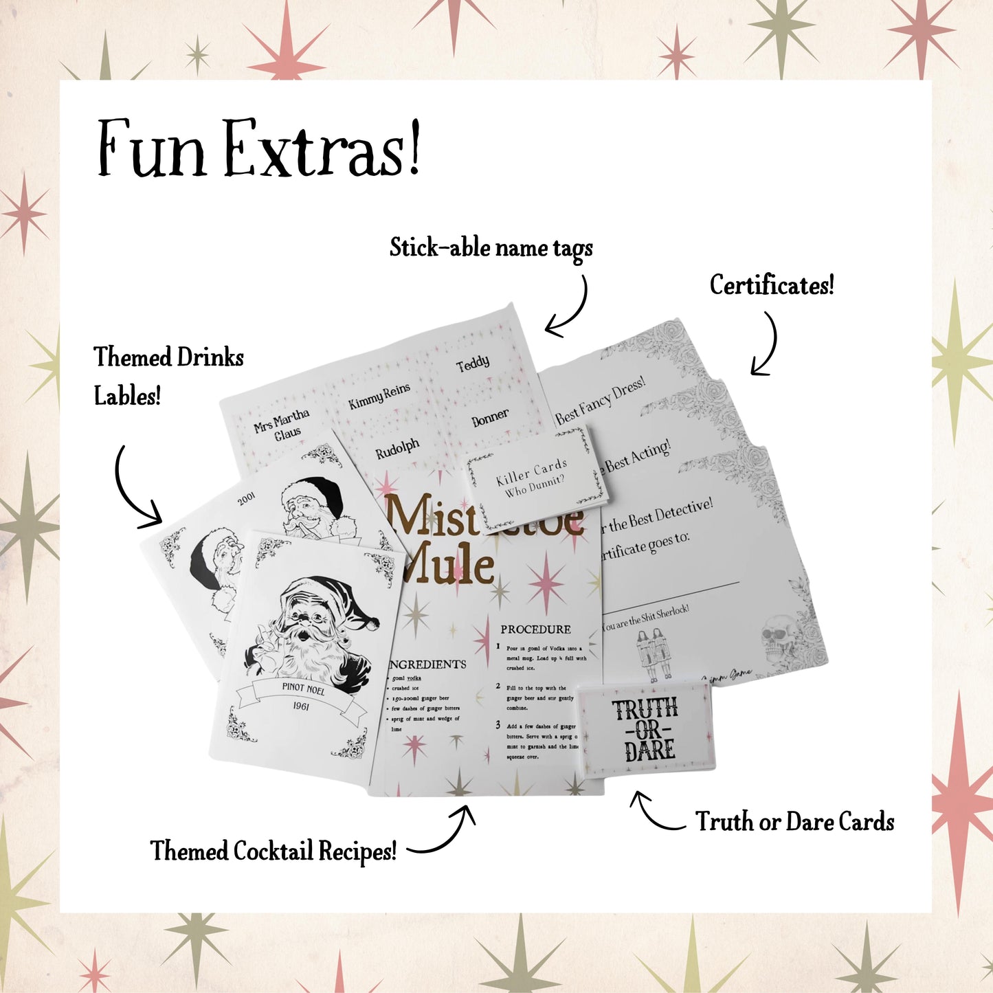 Printed murder mystery kit contents: character booklets, clues, evidence packs, and invitations.