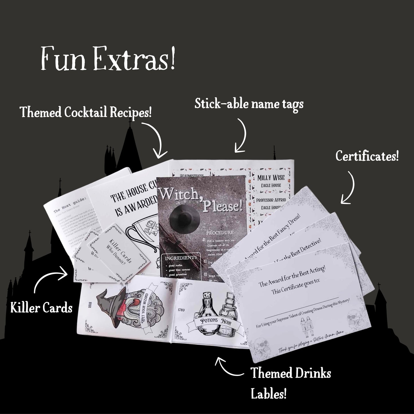 All items included in the themed printed murder mystery box for Harry Potter Inspired party game.