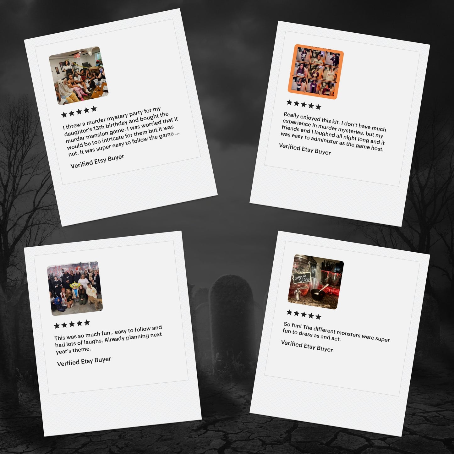 5-star reviews from verified customers playing Sisters Grimm Games’ Halloween themed printable murder mystery. Happy party guests dressed up and solving mysteries.
