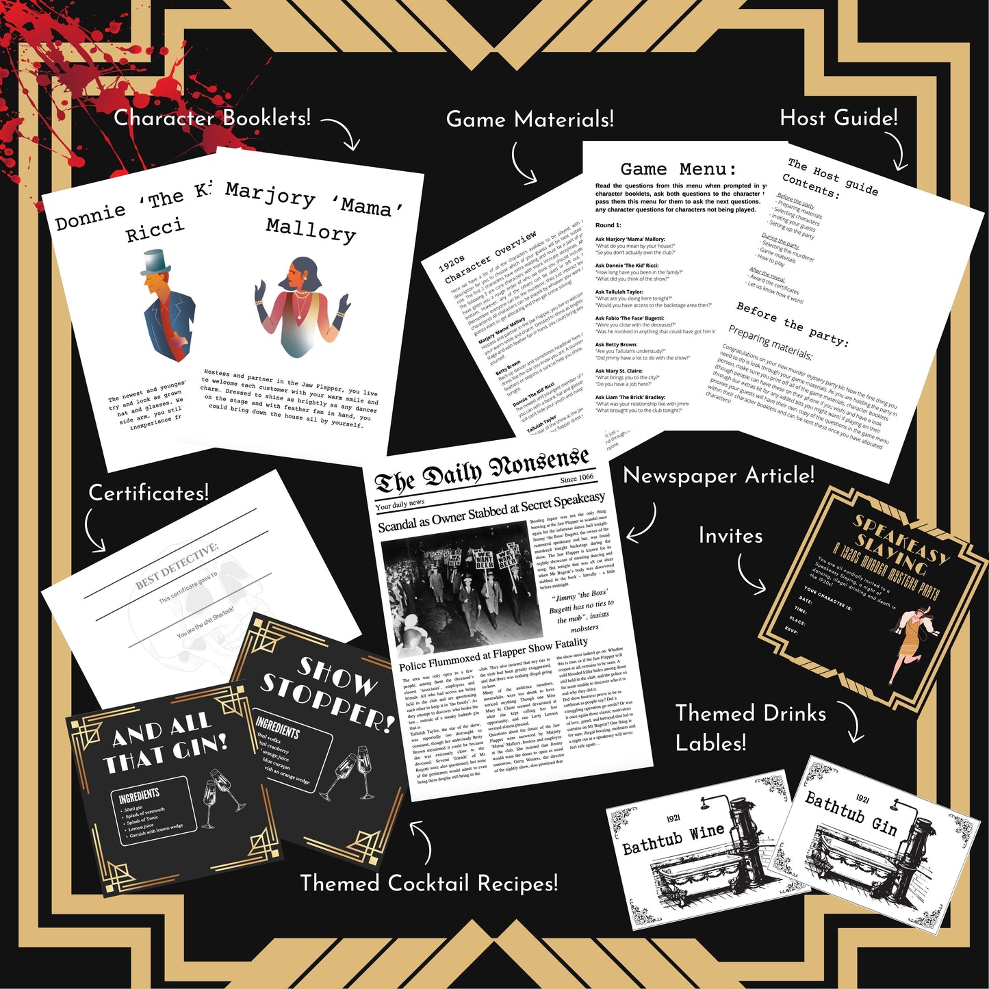 Murder mystery party game download includes full host guide, character scripts, and party setup help, fun extras including murder mystery game invitation.