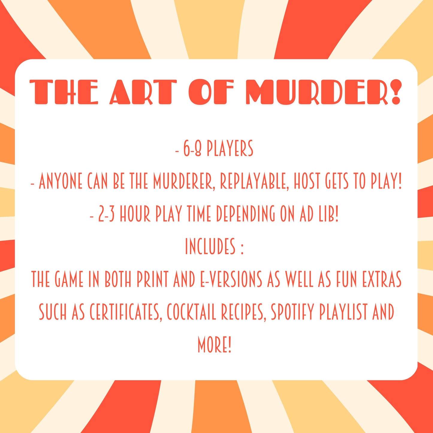 Details of the printable 1960s murder mystery game including 6-8 players, host gets to play, and 2 hour play time. Downloadable murder mystery party kit for home entertainment.