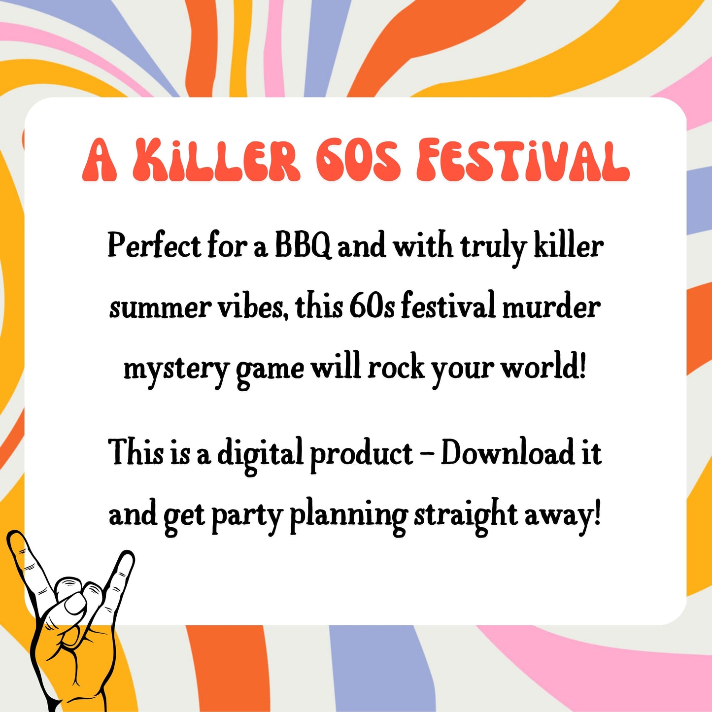 Details of the printable 1960s murder mystery game including 10-20 players, host gets to play, and 2-3 hour play time. Downloadable murder mystery party kit for home entertainment.