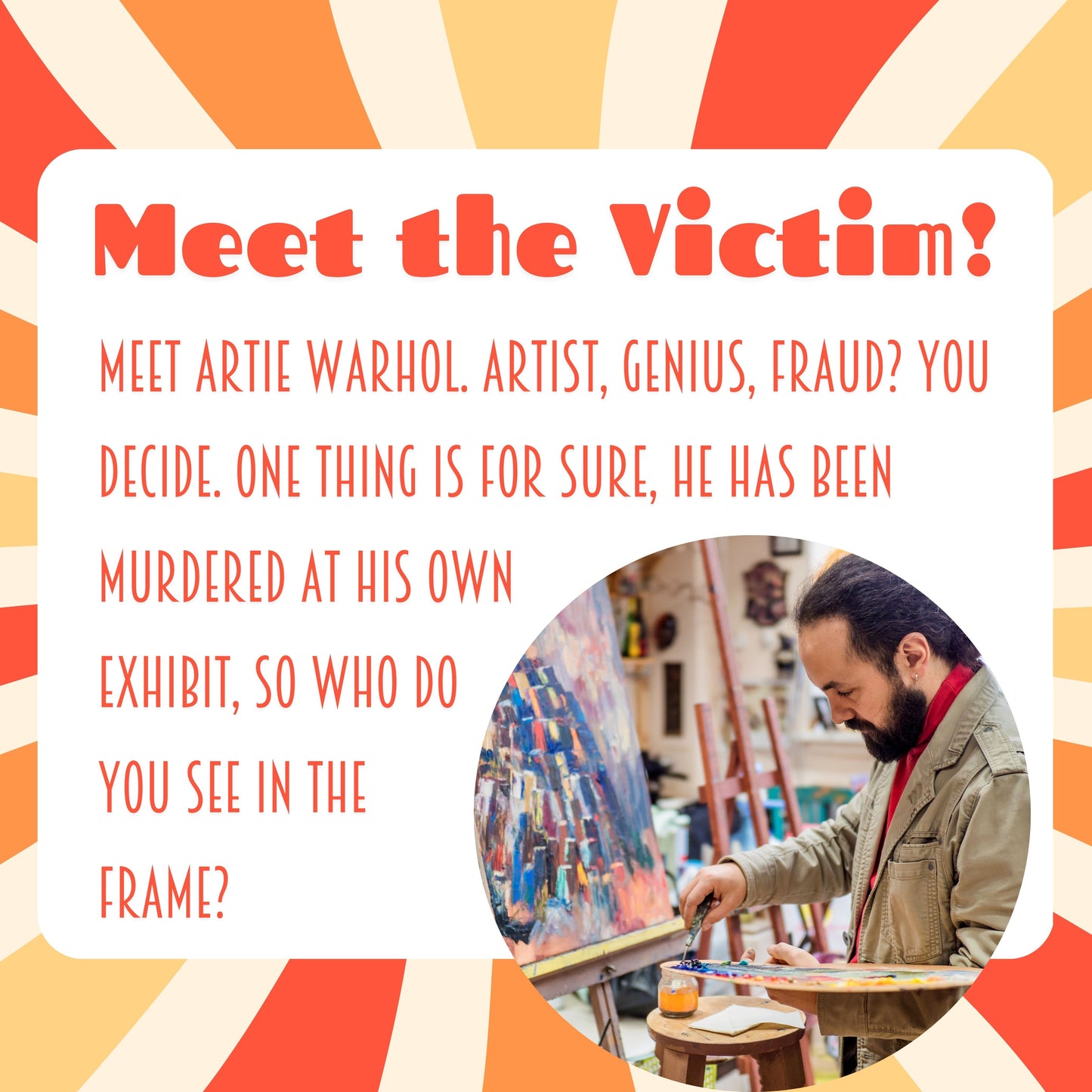 Character profile of the victim in the 1960s murder mystery game. Includes image and backstory for immersive mystery gameplay.
