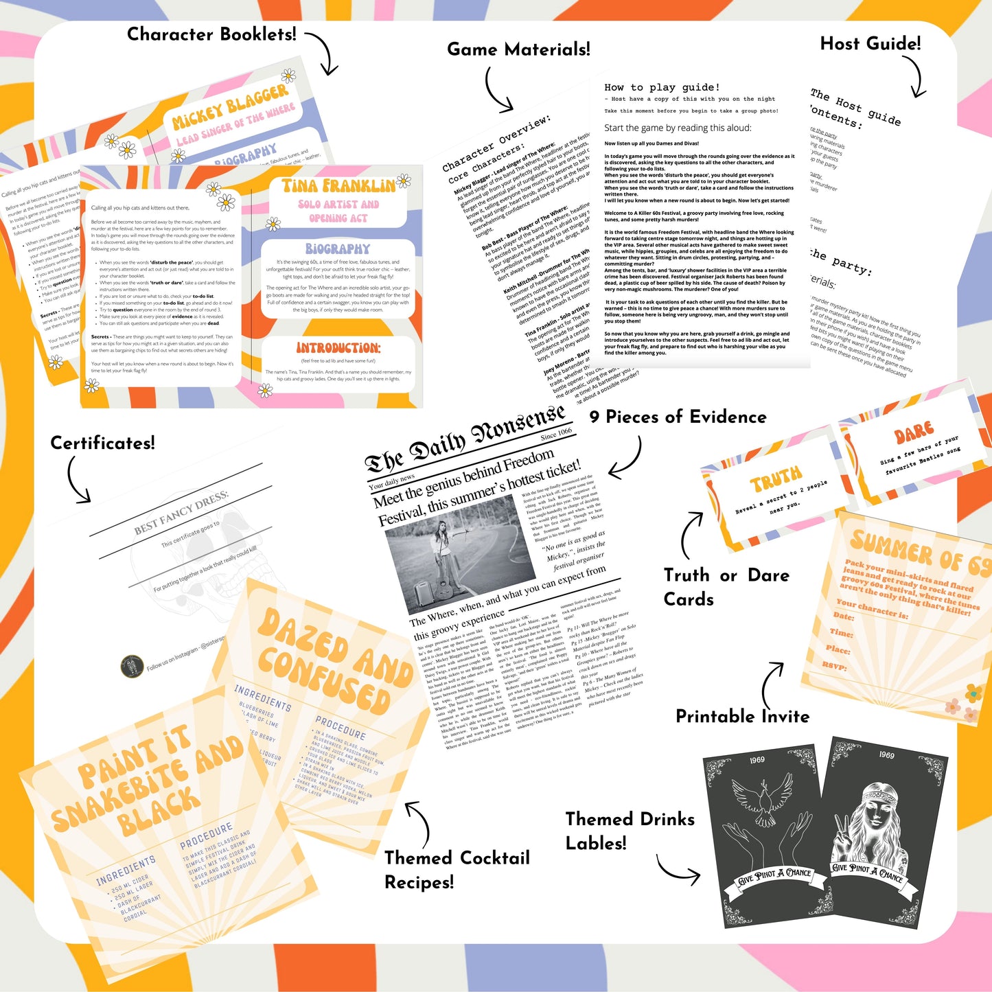 Murder mystery party game download includes full host guide, character scripts, and party setup help, fun extras including murder mystery game invitation.