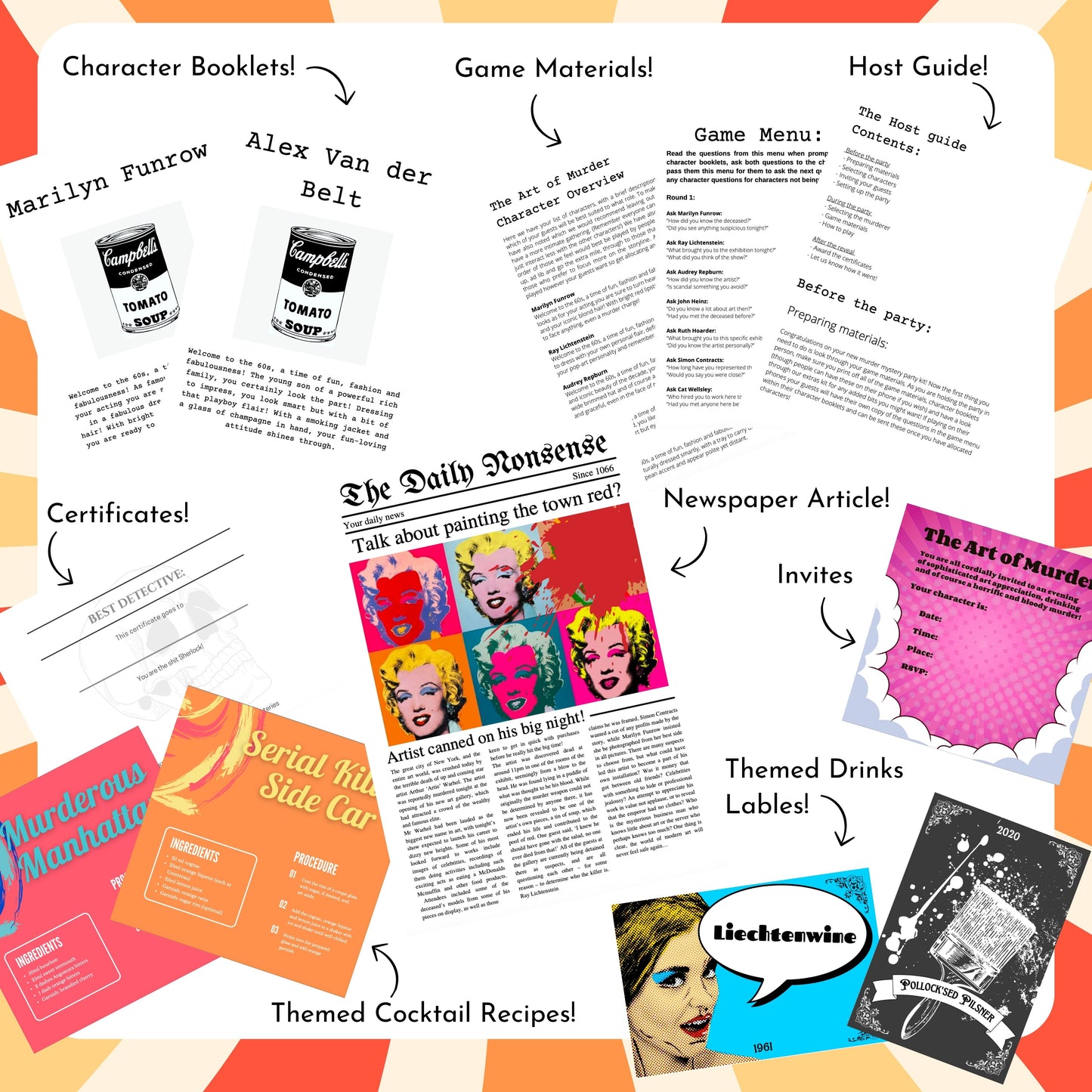 Character booklets, game materials, a host guide, newspaper article, certificates, themed cocktails and drink labels, and printable invitations