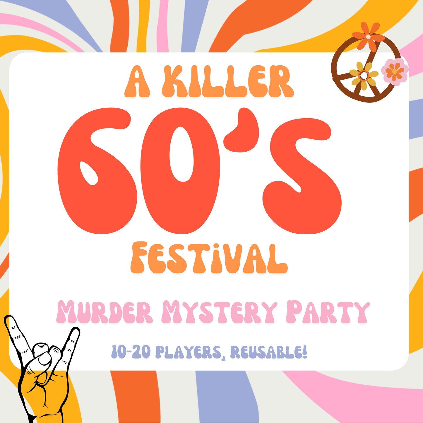 Printable 1960s slasher murder mystery party game titled ‘Killer 60s Festival', for 10-20 players. Fun and exciting whodunnit game for teens or adults, instant download party kit.