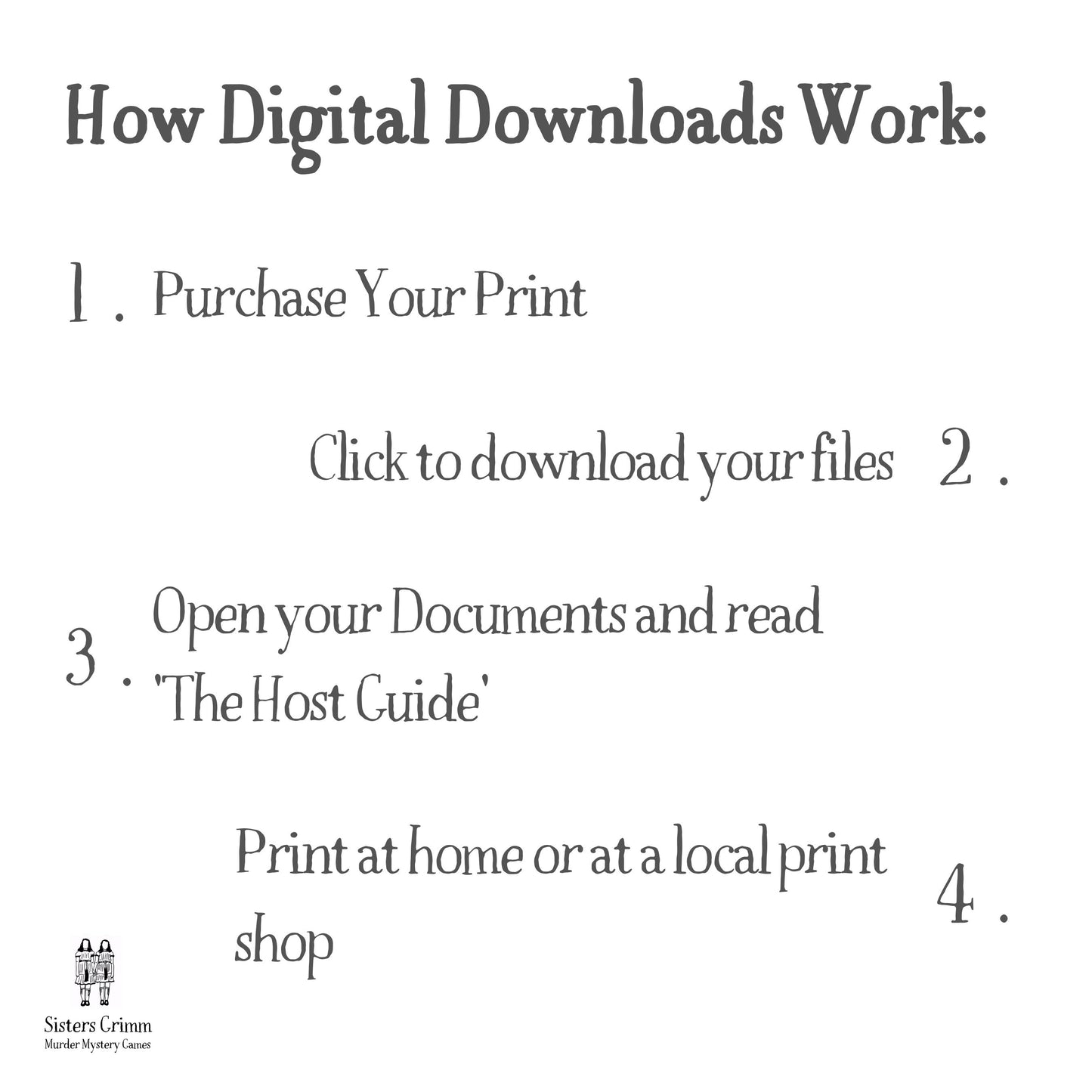 Instructions on how digital download murder mystery party games work.