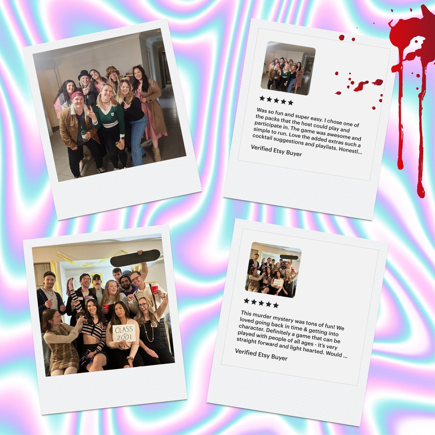 5-star reviews from verified customers playing Sisters Grimm Games’ 2000 printable murder mystery. Happy party guests dressed up and solving mysteries.