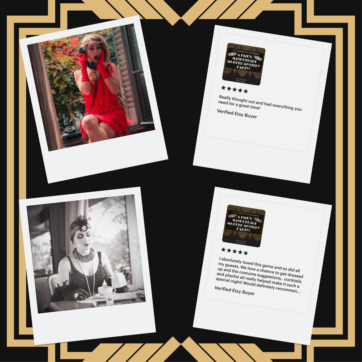 5-star reviews from verified customers playing Sisters Grimm Games’ 1920s printable murder mystery. Happy party guests dressed up and solving mysteries.