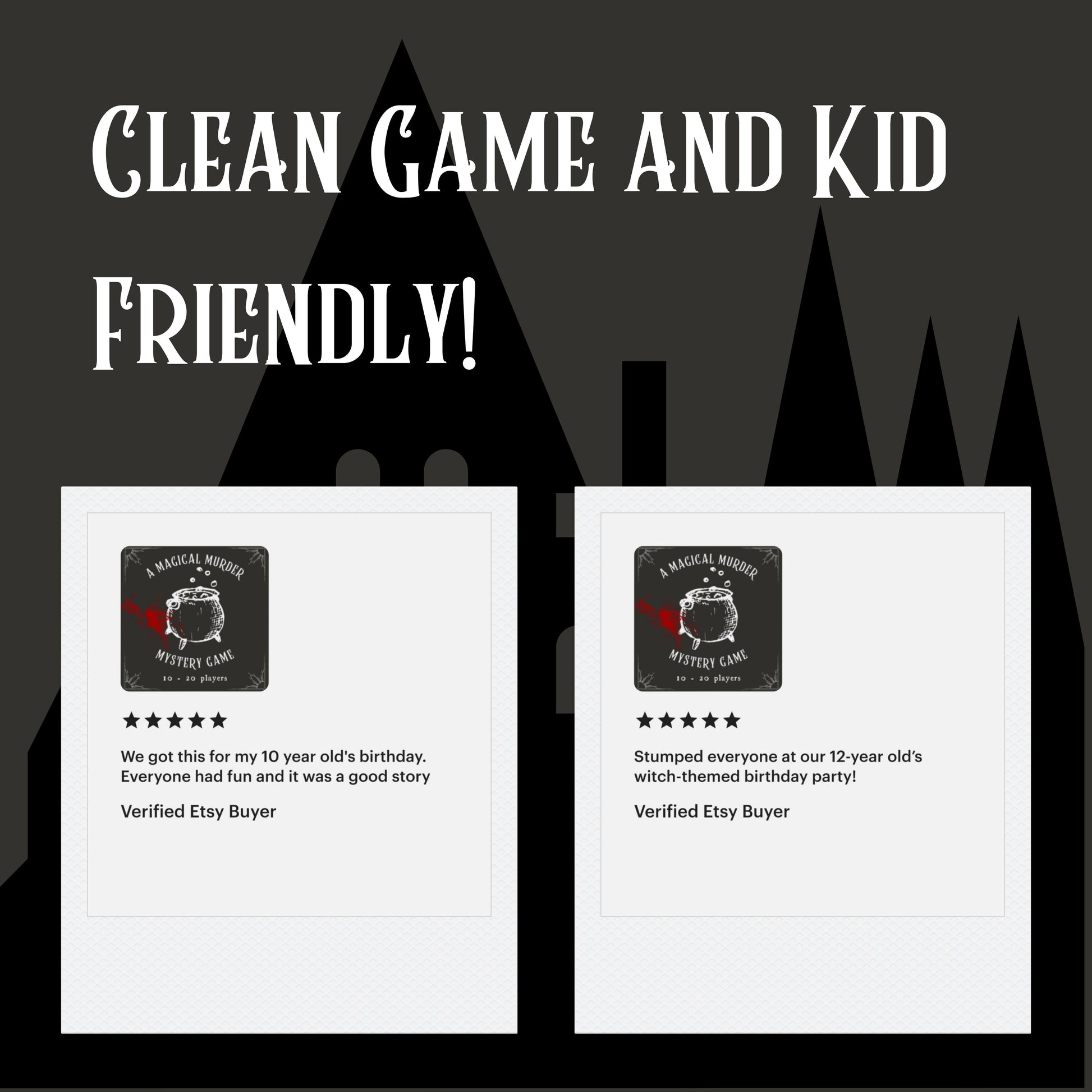 5-star reviews from verified customers playing Sisters Grimm Games’ Harry Potter Inspired printable murder mystery. Happy party guests dressed up and solving mysteries.