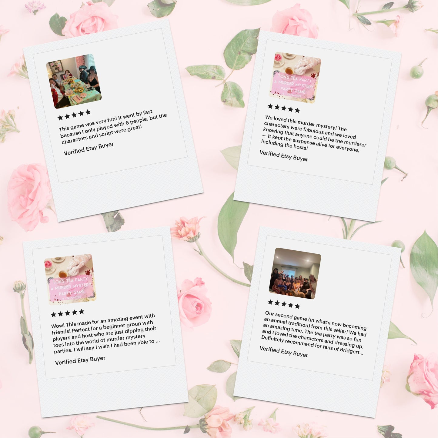 5-star reviews from verified customers playing Sisters Grimm Games’ Bridgerton Inspired printable murder mystery. Happy party guests dressed up and solving mysteries.