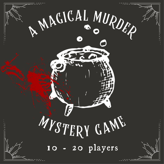 Fun and colourful Wizard themed evidence based mingling murder mystery party game for 10-20 people