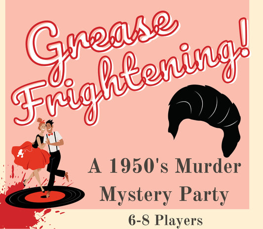 Printable 1950s murder mystery party game titled ‘Grease Frightening', for 6-8 players. Fun and exciting whodunnit game for Kids or adults, instant download party kit.
