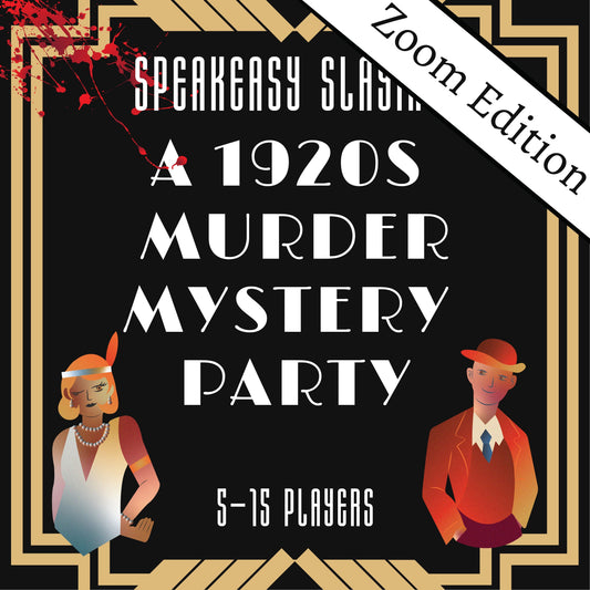Printable 1920s slasher murder mystery party game titled ‘Speakeasy Slaying', for 5-15 players. Fun and exciting whodunnit game for teens or adults, instant download party kit.
