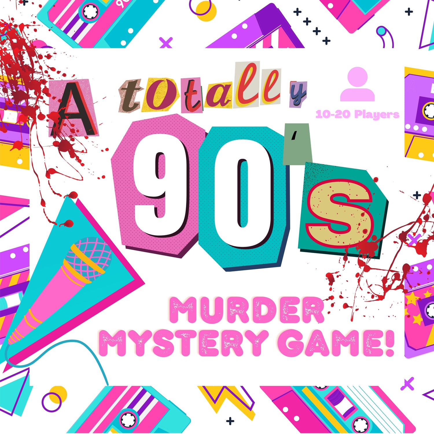 Fun and colourful 90s music themed evidence based mingling murder mystery party game for 10-20 people