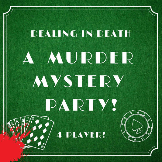 Printable poker themed murder mystery party game titled ‘Dealing in Death', for 4 players. Fun and exciting whodunnit game for Kids or adults, instant download party kit.
