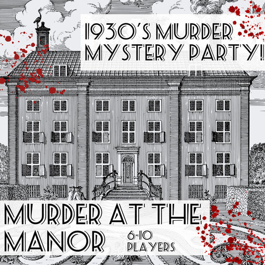 Fun and colourful fully scripted Manor House themed murder mystery party game for 6-10 players