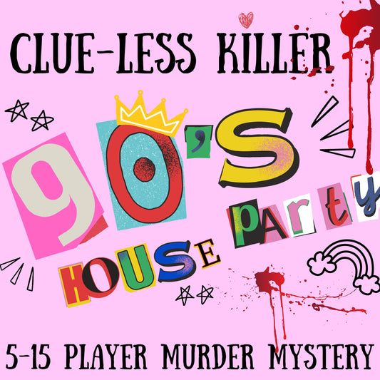 Fun and colourful fully scripted 90s house party themed murder mystery party game for 5-15 players