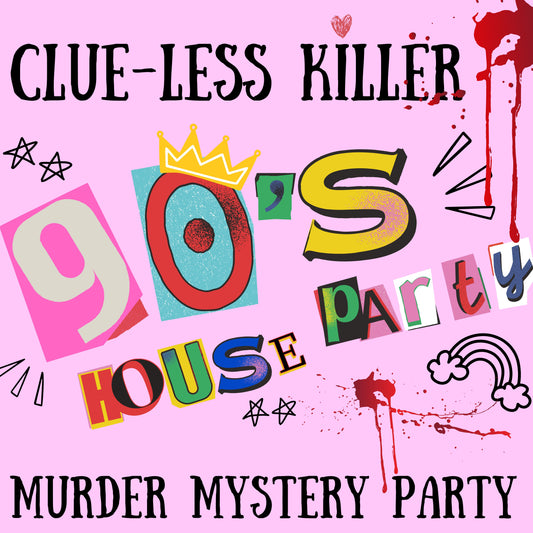 Fun and colourful fully scripted 90s house party themed murder mystery party game for 5-10 players