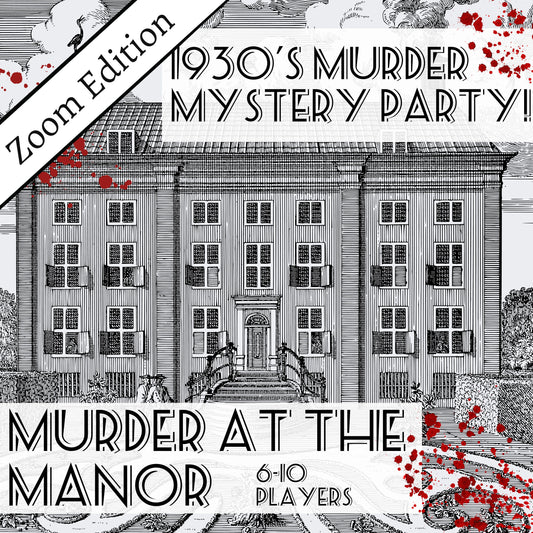 Fun and colourful fully scripted Manor House themed murder mystery party game for 6-10 players Zoom