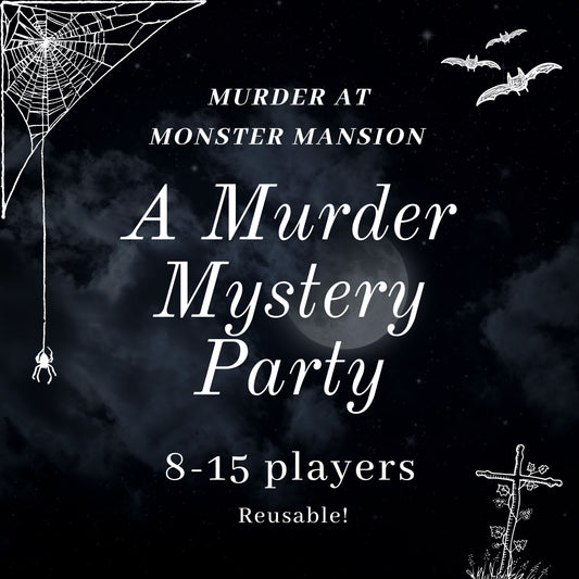 Fun and colourful fully scripted Monster Mansion party themed murder mystery party game for 8-15 players