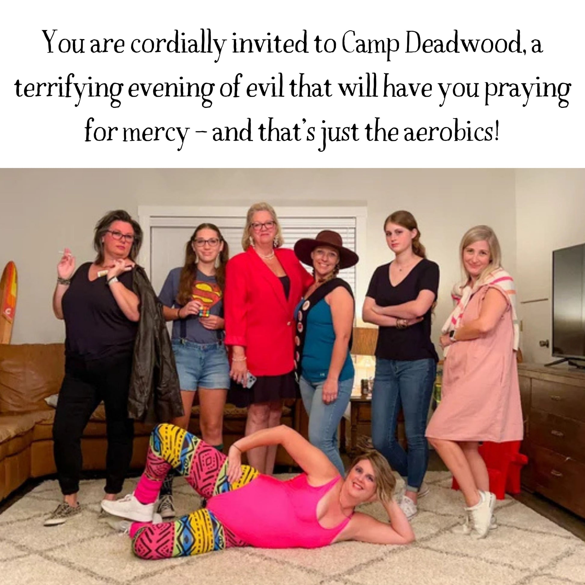 Group of people playing a 1980s printable murder mystery dinner game at a party in costume. Themed murder mystery game for friends and family.
