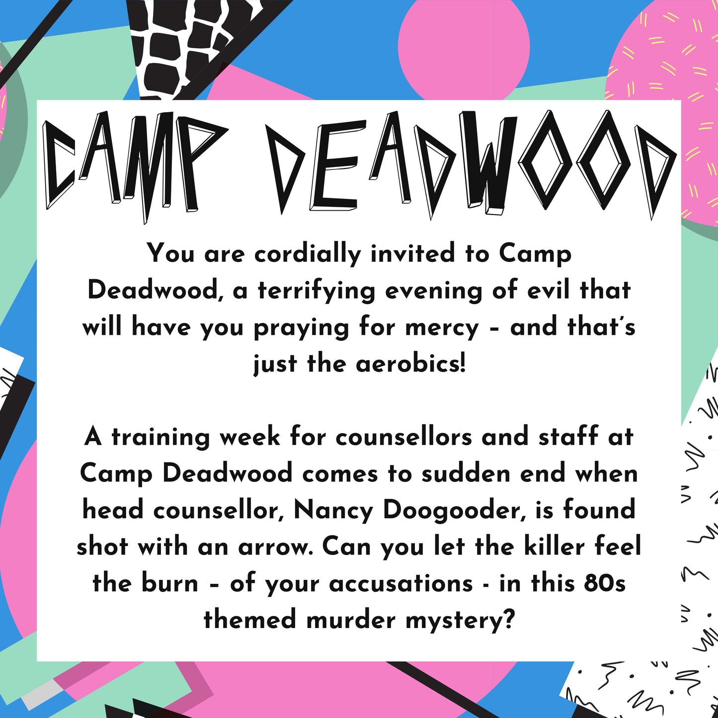 Camp Deadwood! An 80's themed All Female Murder Mystery Party for 5-10 Players Instant Digital Download Zoom Edition