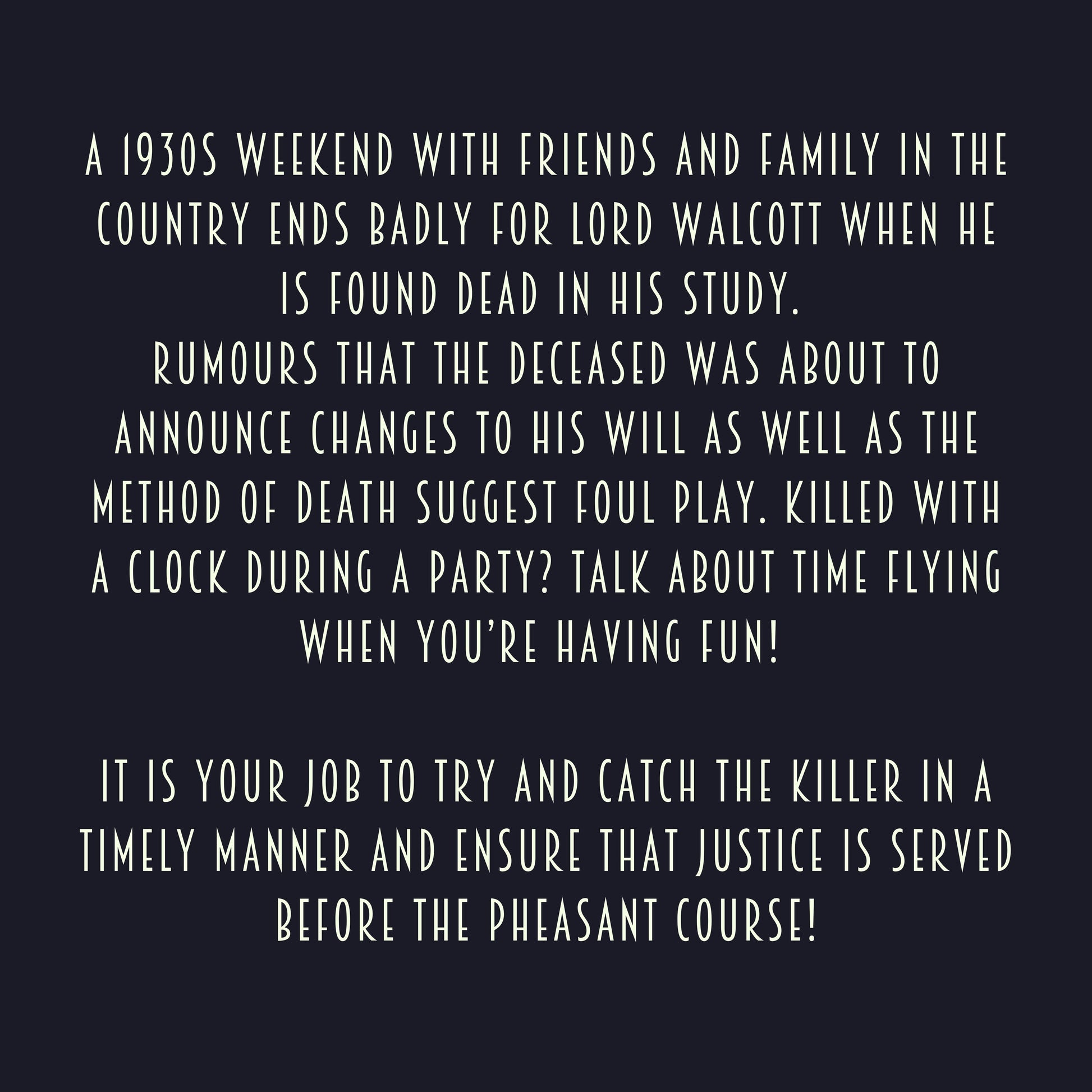 Game plot for ‘Murder at the Manor' murder mystery party. Includes story setup, victim intro, and invitation to solve the case in a printable mystery dinner game.
