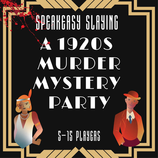 Printable 1920s slasher murder mystery party game titled ‘Speakeasy Slaying', for 5-15 players. Fun and exciting whodunnit game for teens or adults, instant download party kit.
