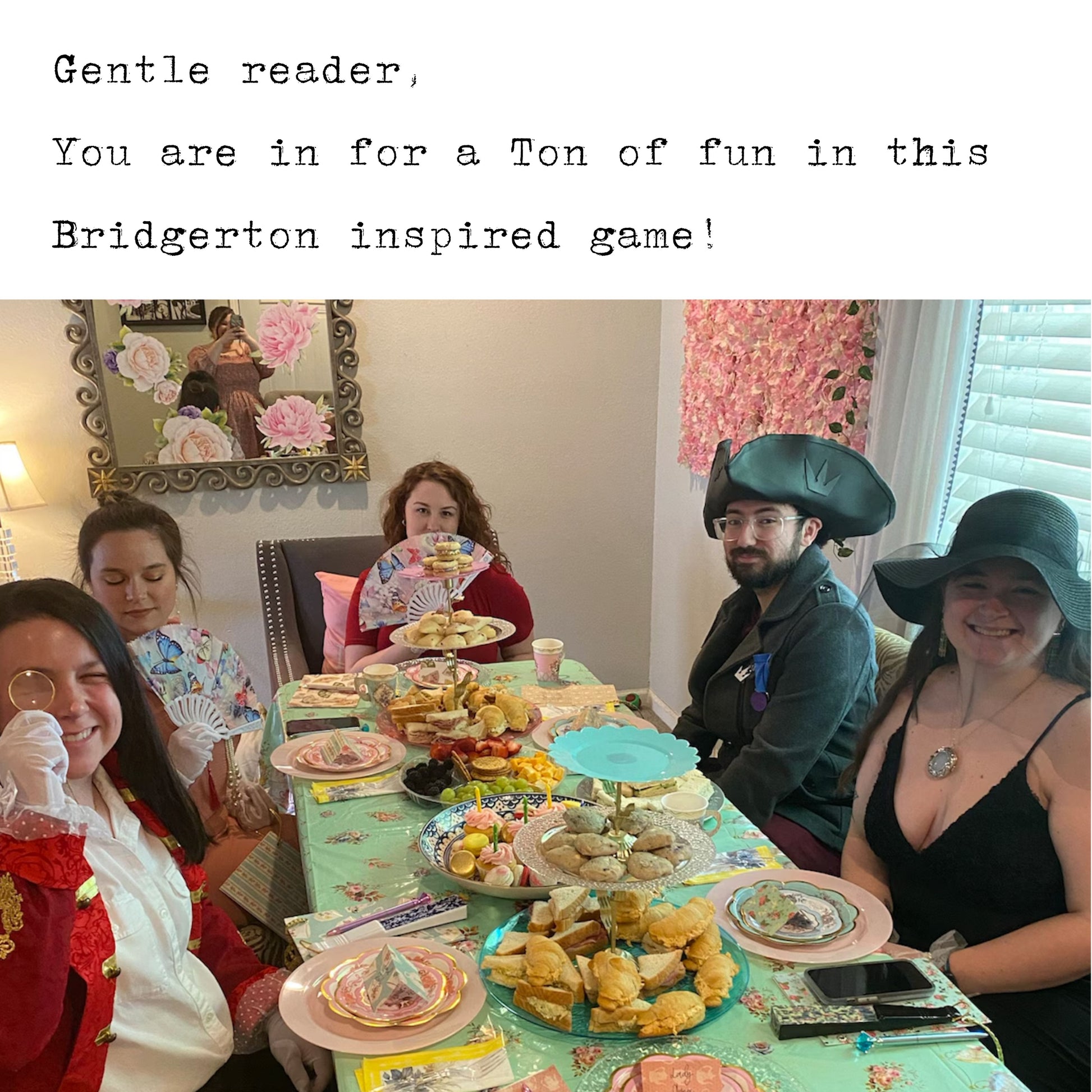 Group of people playing a Bridgerton Inspired printable murder mystery dinner game at a party in costume. Themed murder mystery game for friends and family.
