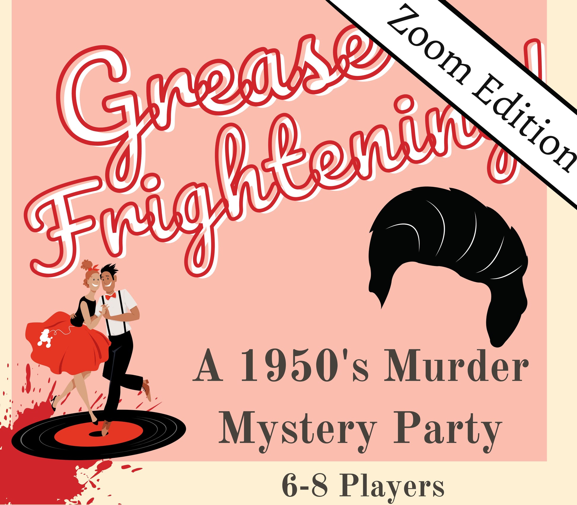Printable 1950s murder mystery party game zoom edition titled ‘Grease Frightening', for 6-8 players. Fun and exciting whodunnit game for Kids or adults, instant download party kit.
