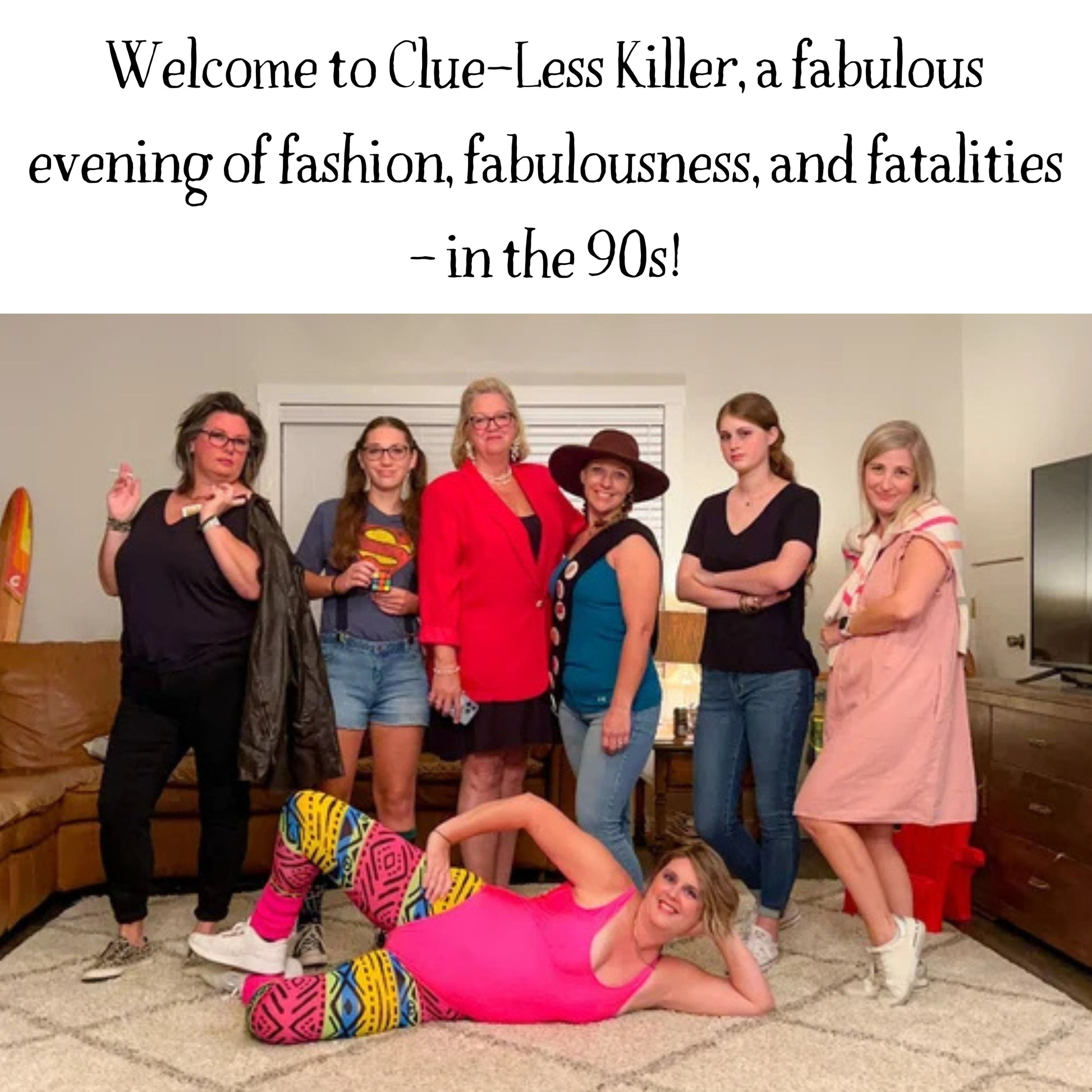 Group of people playing a 90s printable murder mystery dinner game at a party in costume. Themed murder mystery game for friends and family.
