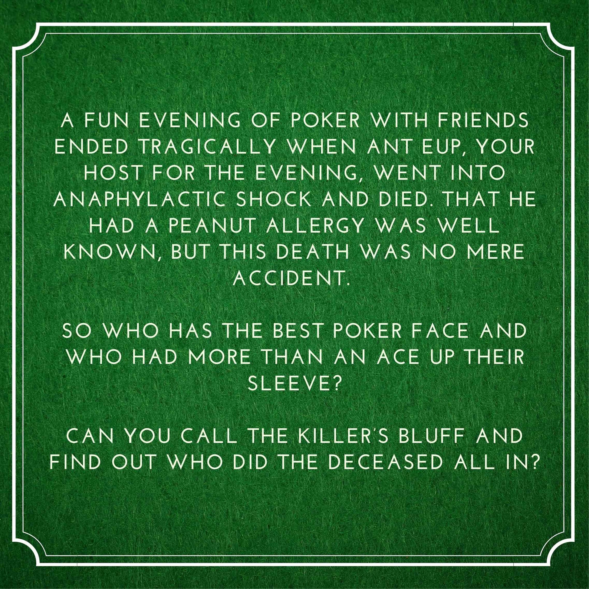 Game plot for ‘Dealing in Death' murder mystery party. Includes story setup, victim intro, and invitation to solve the case in a printable mystery dinner game.
