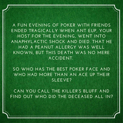 Game plot for ‘Dealing in Death' murder mystery party. Includes story setup, victim intro, and invitation to solve the case in a printable mystery dinner game.
