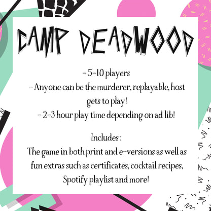 Details of the printable 1980s murder mystery game including 5-10 players, host gets to play, and 2-3 hour play time. Downloadable murder mystery party kit for home entertainment.

