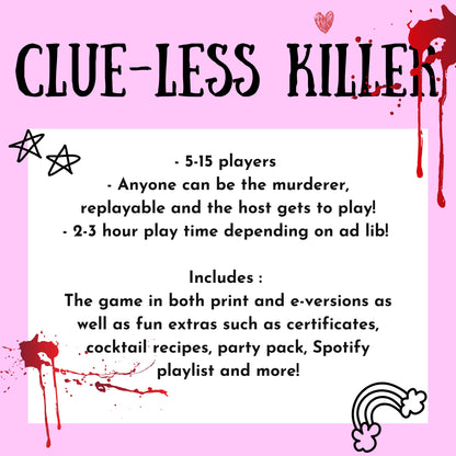 Details of the printable 90s murder mystery game including 5-15 players, host gets to play, and 2-3 hour play time. Downloadable murder mystery party kit for home entertainment.
