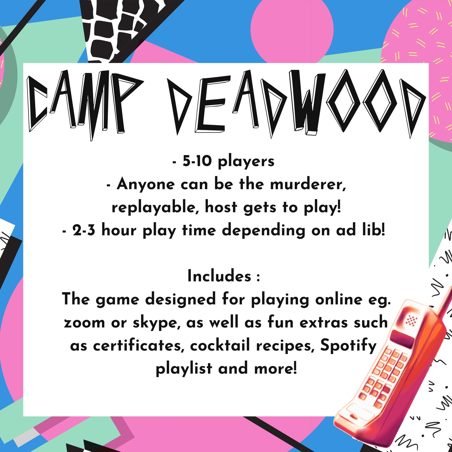 Camp Deadwood! An 80's themed Murder Mystery Party for 5-10 Players Instant Digital Download Zoom Edition