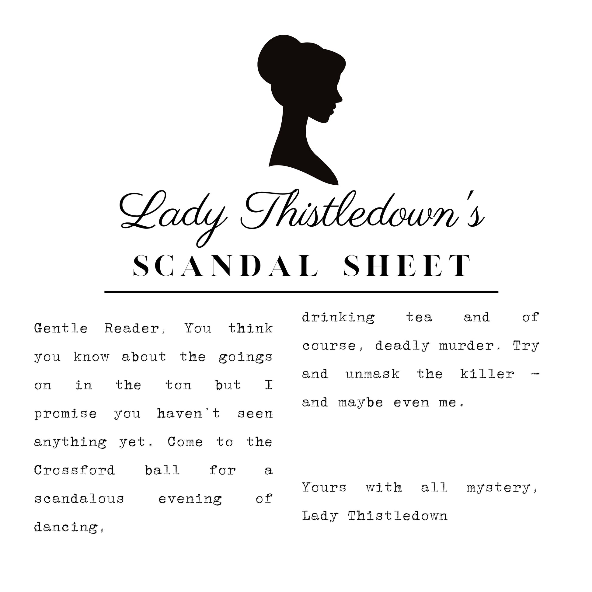 Game plot for ‘Tons Tea Party' murder mystery party. Includes story setup, victim intro, and invitation to solve the case in a printable mystery dinner game.
