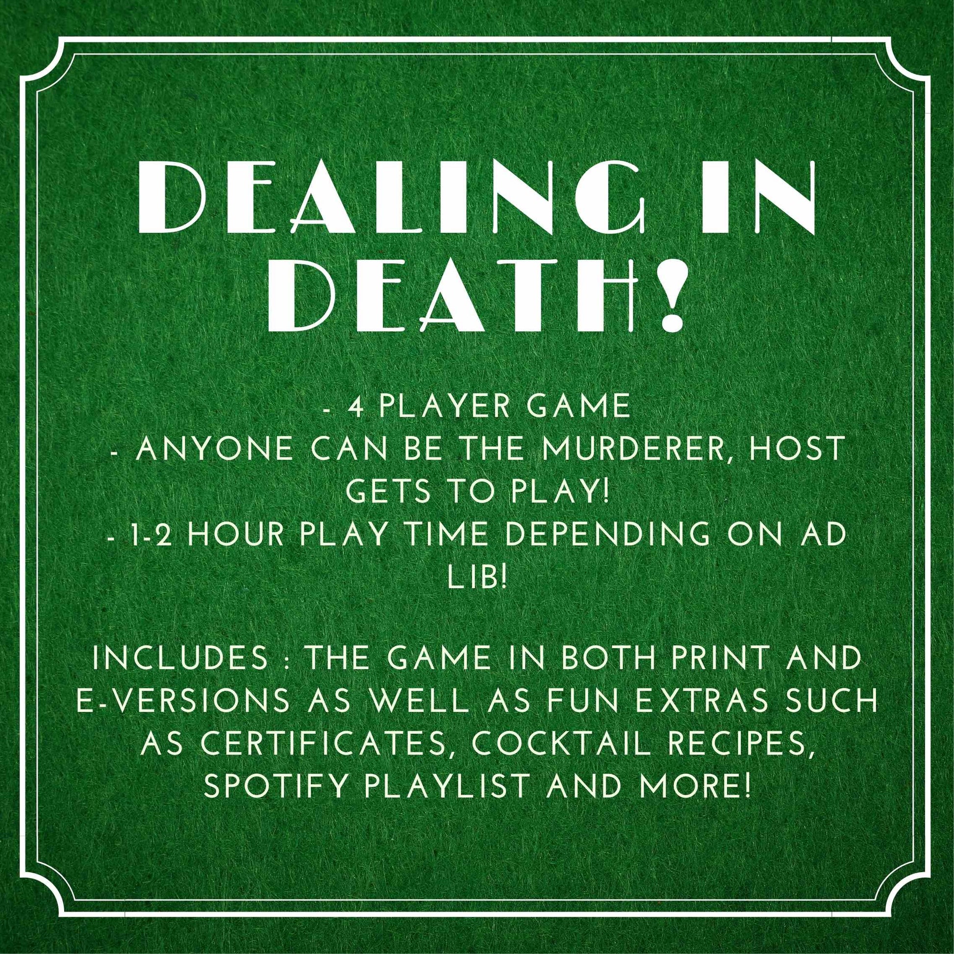 Details of the printable Poker themed murder mystery game including 4 players, host gets to play, and 1-2 hour play time. Downloadable murder mystery party kit for home entertainment.

