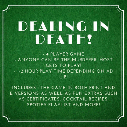 Details of the printable Poker themed murder mystery game including 4 players, host gets to play, and 1-2 hour play time. Downloadable murder mystery party kit for home entertainment.
