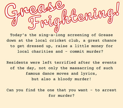 Game plot for ‘Grease Frightening' murder mystery party. Includes story setup, victim intro, and invitation to solve the case in a printable mystery dinner game.
