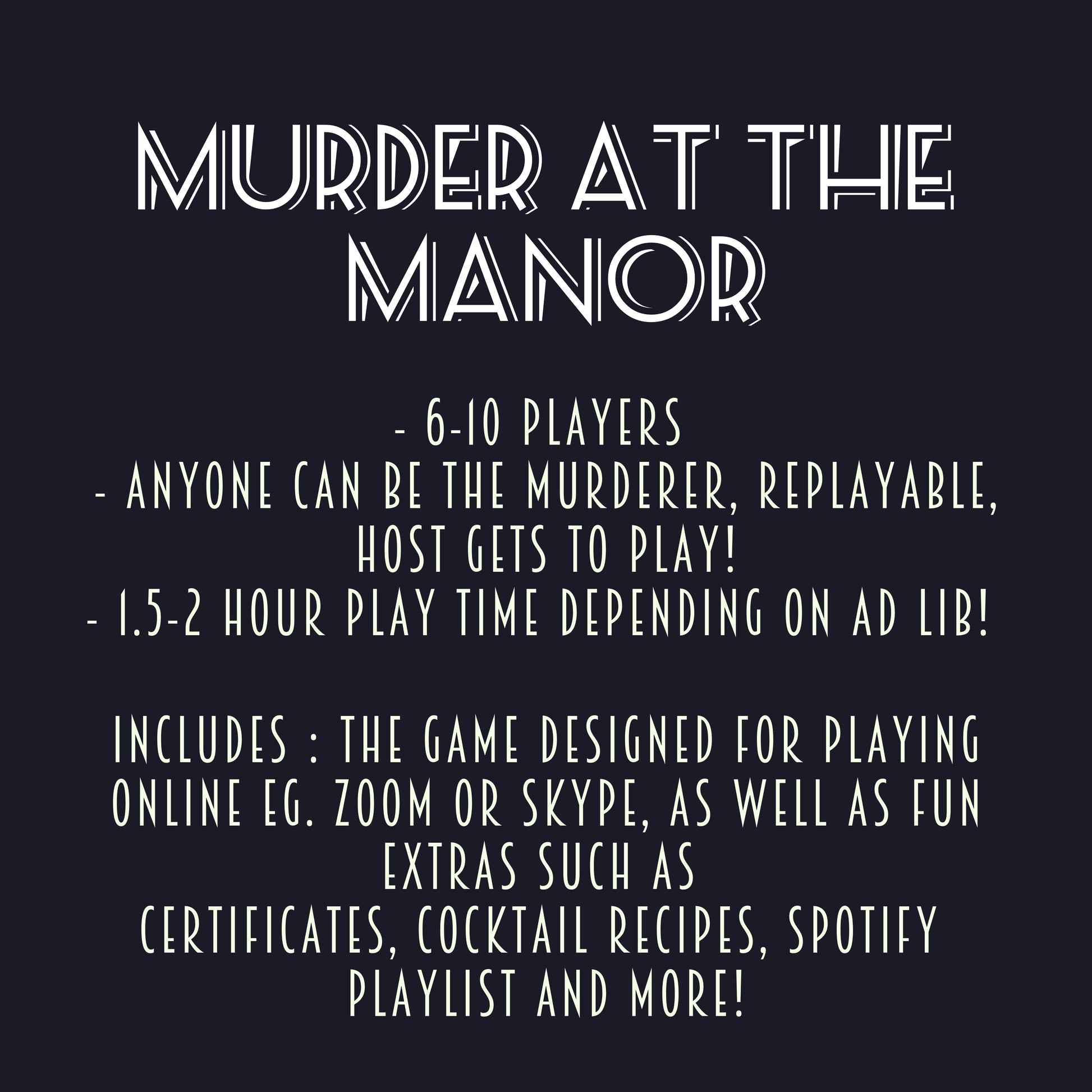 Details of the printable 1930s themed murder mystery game including 6-10 players, host gets to play, and 2-3 hour play time. Downloadable murder mystery party kit for home entertainment.
