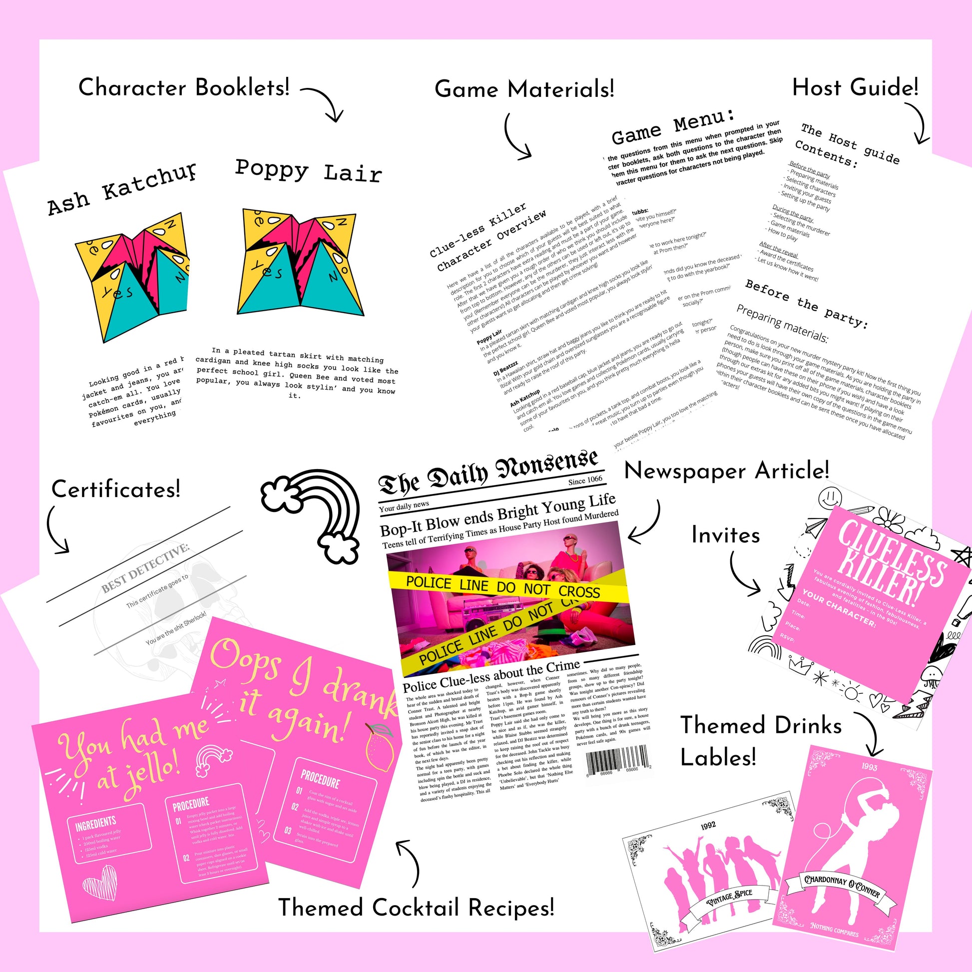 Character booklets, game materials, a host guide, newspaper article, certificates, themed cocktails and drink labels, and printable invitations
