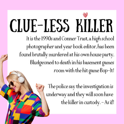 Game plot for ‘Clueless Killer' murder mystery party. Includes story setup, victim intro, and invitation to solve the case in a printable mystery dinner game.
