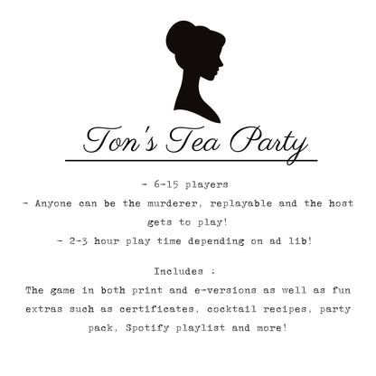 Details of the printable Bridgerton Inspired murder mystery game including 6-15 players, host gets to play, and 2-3 hour play time. Downloadable murder mystery party kit for home entertainment.
