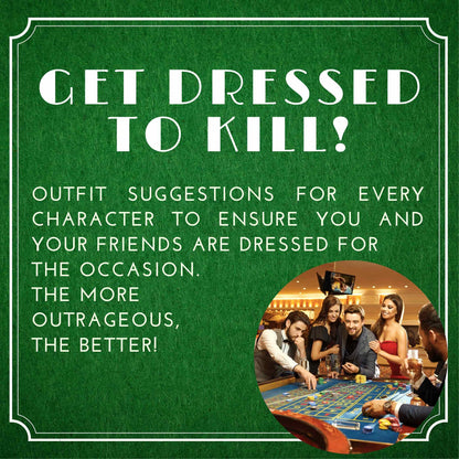 Costume ideas for a Poker themed murder mystery party. Players dressed to match the party theme for an immersive murder mystery experience.
