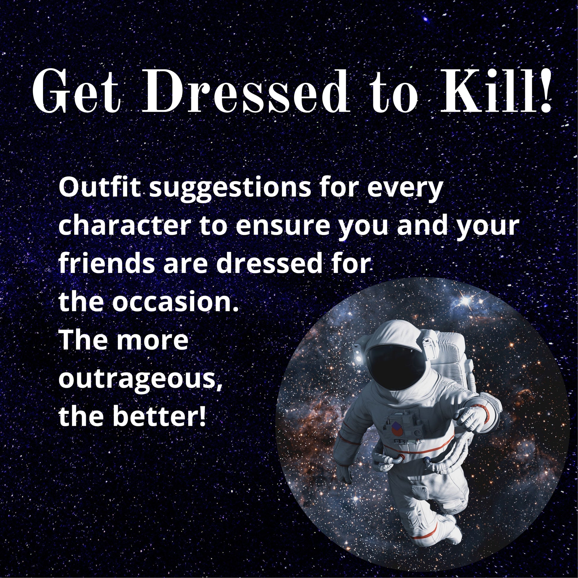 Costume ideas for a Space  themed murder mystery party. Players dressed to match the party theme for an immersive murder mystery experience.
