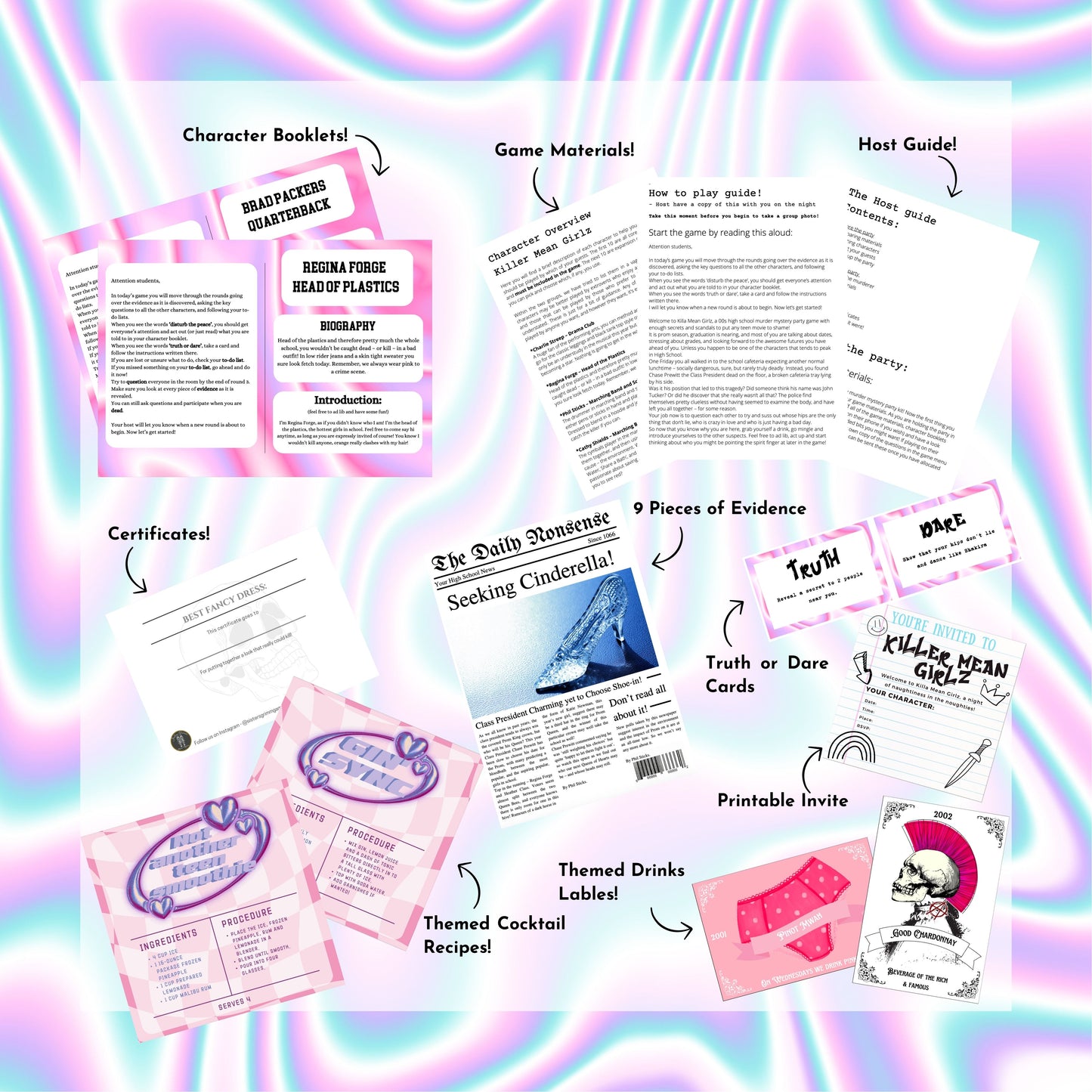 Character booklets, game materials, a host guide, 9 pieces of evidence, truth or dare cards, certificates, themed cocktails and drink labels, and printable invitations